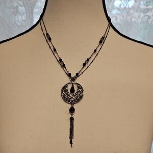 Cookie Lee Necklace Black & Pewter Tassle Beads Double Strand Lobster Clasp